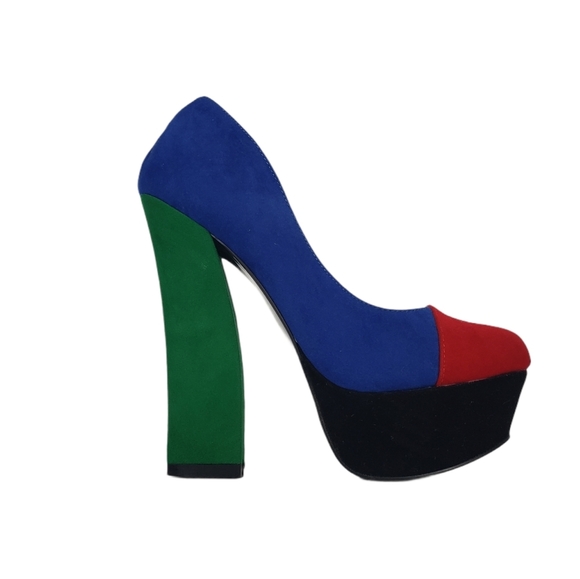 Faux Suede Colorblock Platform Heels Size 8.5 Round Toe Chunky Cosplay Costume - Picture 2 of 9